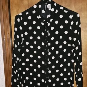 Divided Black With White Polka Dots Button-Down Blouse Long Sleeve Size 6